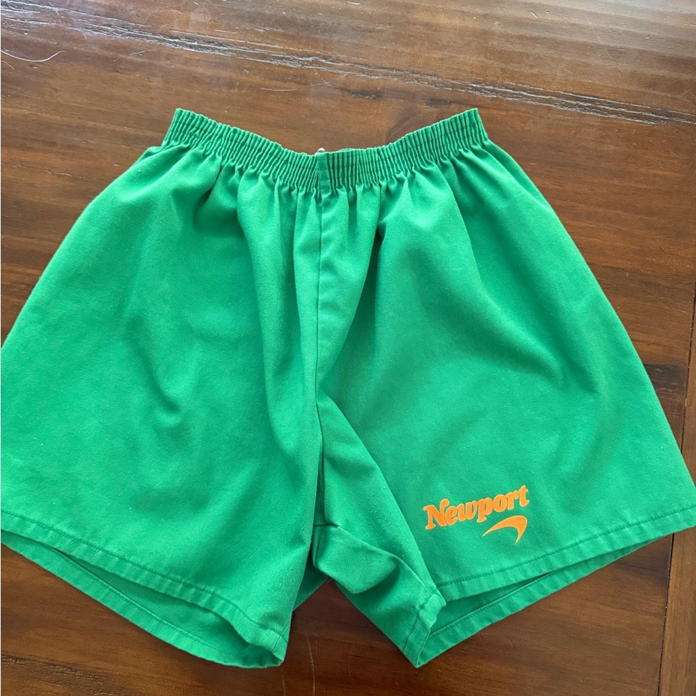 Newport Men's/Womens Bright Green Athletic Shorts with Orange Logo